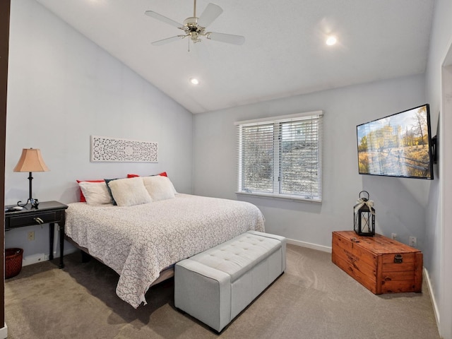3011 Inverness Ln, Mound, MN 55364 - bedroom featuring light carpet, recessed lighting, baseboards, lofted ceiling, and a ceiling fan