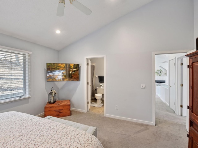 3011 Inverness Ln, Mound, MN 55364 - bedroom with light colored carpet, high vaulted ceiling, baseboards, ensuite bath, and ceiling fan