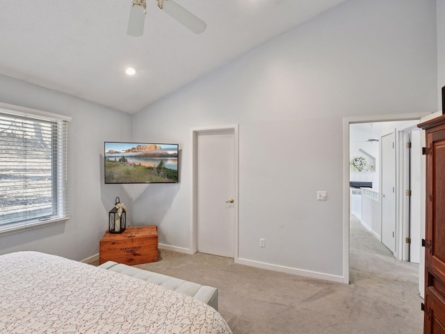 3011 Inverness Ln, Mound, MN 55364 - bedroom with light colored carpet, baseboards, high vaulted ceiling, and ceiling fan