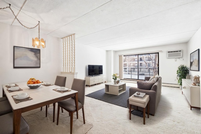 dining space with a chandelier, light colored carpet, a wall mounted air conditioner, and a baseboard heating unit