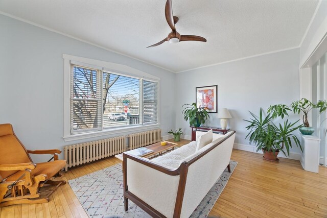 living room with light wood-style flooring, radiator heating unit, a ceiling fan, and ornamental molding