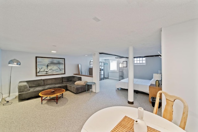 living room with a textured ceiling