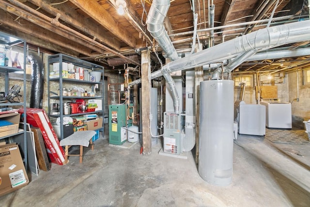 unfinished below grade area featuring heating unit, gas water heater, and washer and dryer