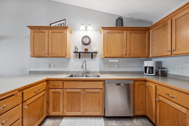 kitchen featuring open shelves, a sink, vaulted ceiling, light countertops, and stainless steel dishwasher