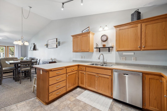 kitchen with a sink, open shelves, a peninsula, light countertops, and dishwasher