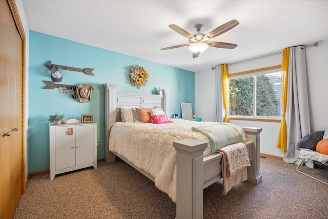 bedroom featuring light carpet, baseboards, and ceiling fan