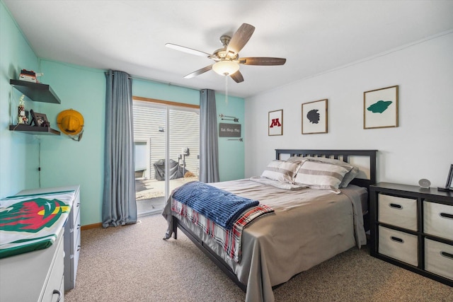 bedroom with light colored carpet and a ceiling fan