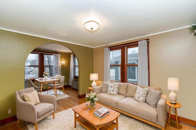 living room with arched walkways, baseboards, ornamental molding, and radiator