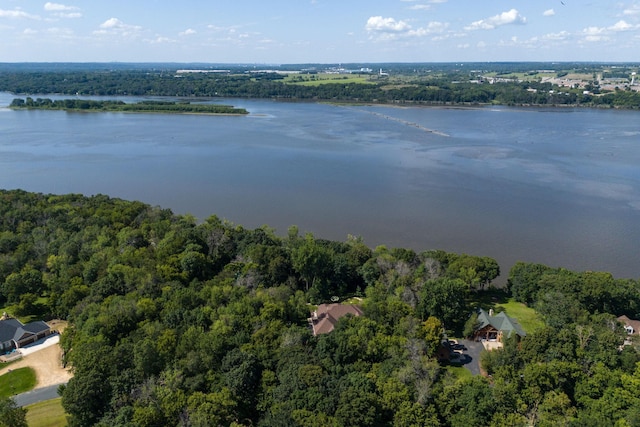 bird's eye view featuring a view of trees and a water view