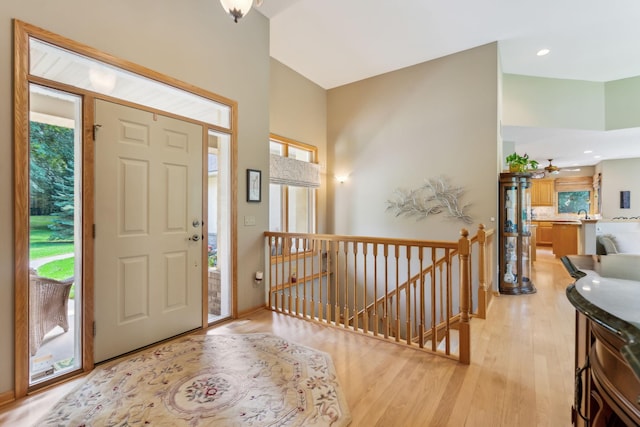 foyer entrance featuring recessed lighting and light wood-style flooring