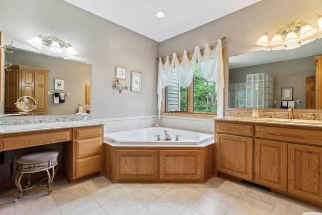 full bathroom with a bath, visible vents, tile patterned floors, and vanity