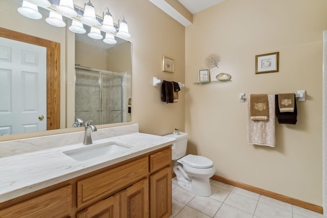 full bath featuring toilet, a stall shower, tile patterned flooring, baseboards, and vanity