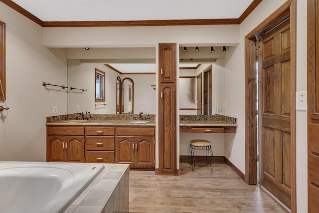 full bath with a sink, wood finished floors, and ornamental molding