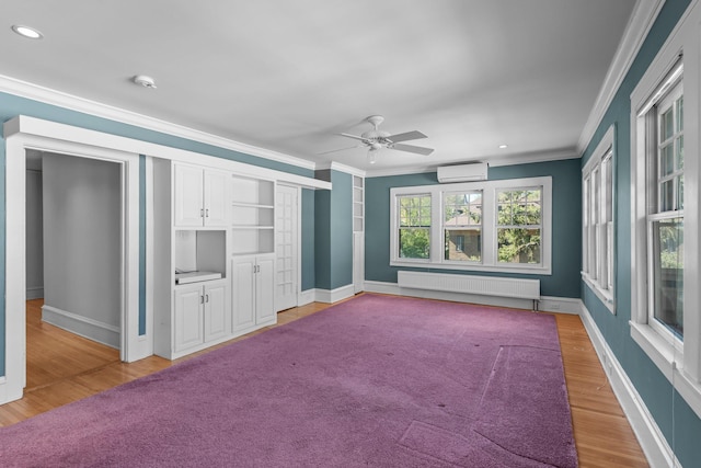 unfurnished living room with radiator, a ceiling fan, light wood-style flooring, ornamental molding, and recessed lighting