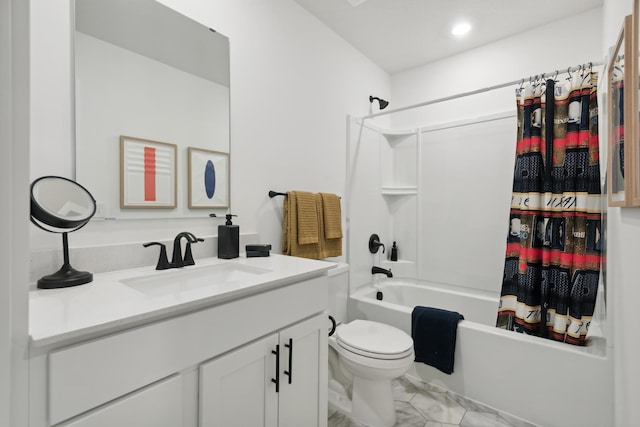 bathroom with vanity, shower / tub combo, toilet, and recessed lighting