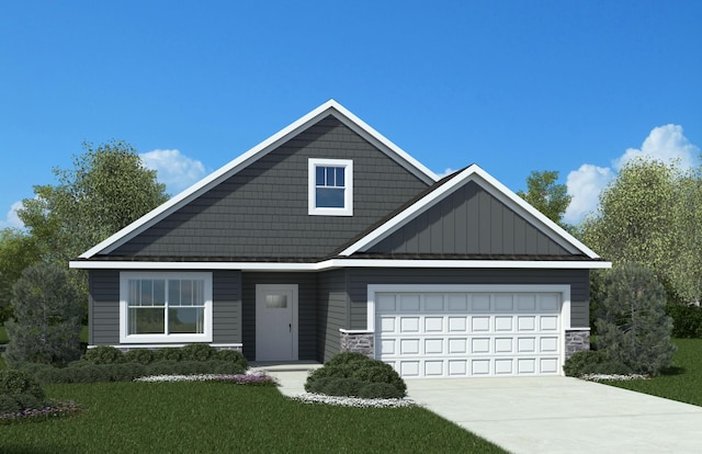 craftsman house with concrete driveway, a front yard, stone siding, and a garage
