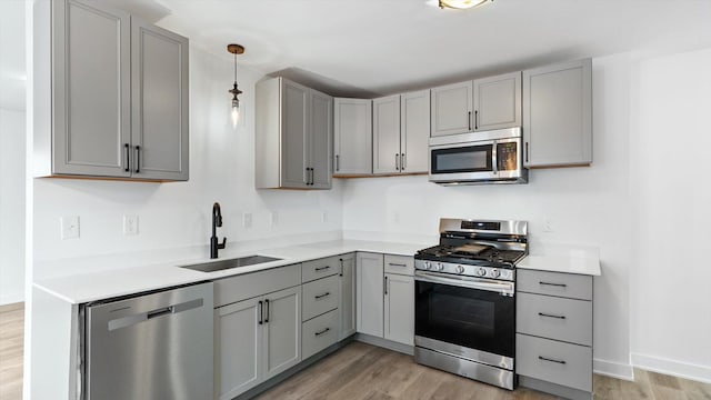 kitchen with a sink, appliances with stainless steel finishes, light wood-style flooring, and gray cabinetry