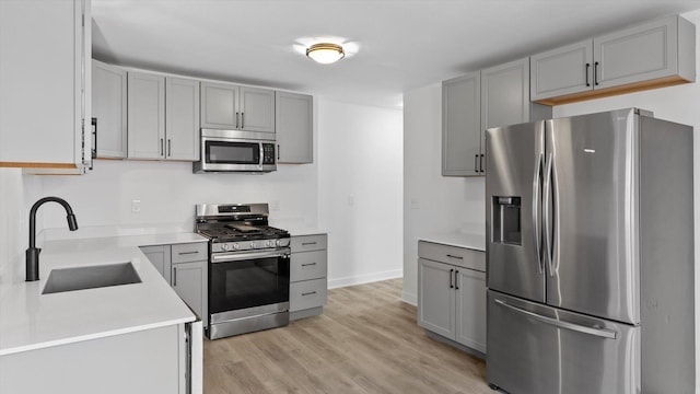 kitchen with a sink, stainless steel appliances, light wood-type flooring, and gray cabinets