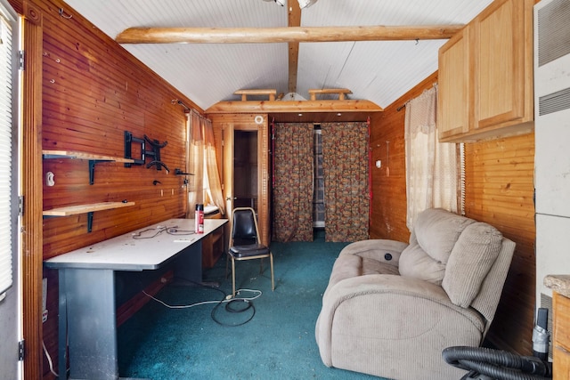 office space with lofted ceiling with beams, carpet floors, and wooden walls