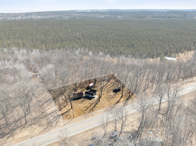 drone / aerial view with a wooded view