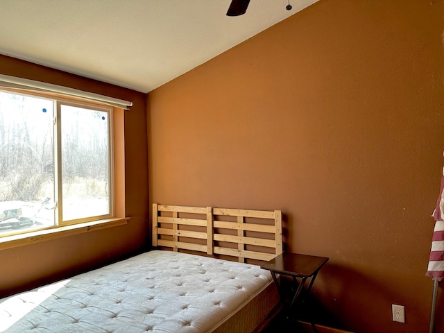 bedroom featuring a ceiling fan and vaulted ceiling