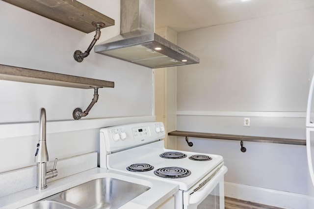 kitchen with ventilation hood, wood finished floors, baseboards, white electric stove, and a sink