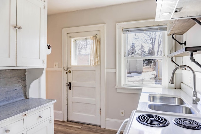 kitchen with a sink, white cabinets, wood finished floors, and white range with electric cooktop