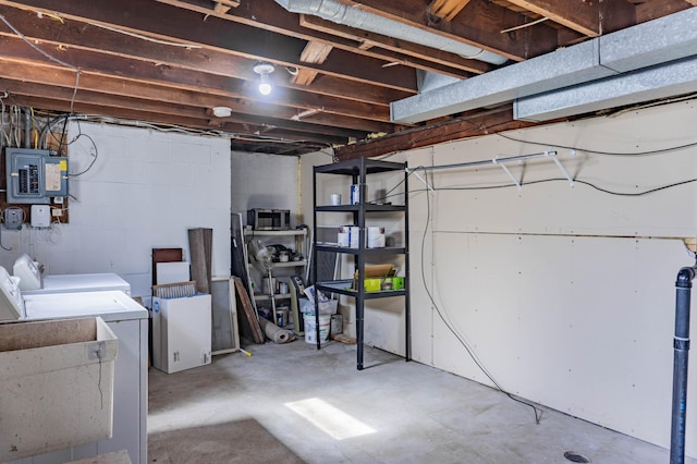 unfinished below grade area with a sink, electric panel, and washer and clothes dryer