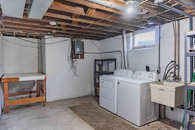 laundry room with electric panel, laundry area, washer and dryer, and a sink