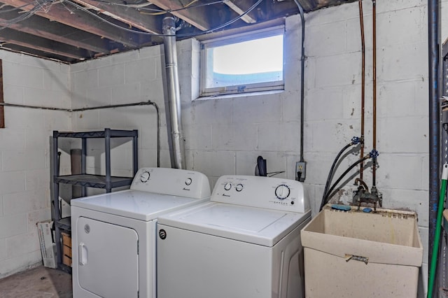 laundry room with washer and dryer, laundry area, and a sink