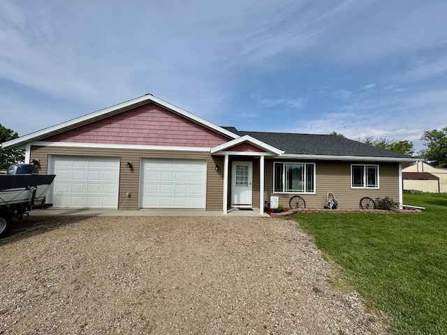32406 Starland Shore Dr, Dent, MN 56528 - ranch-style home featuring dirt driveway, a front lawn, an attached garage, and a shingled roof