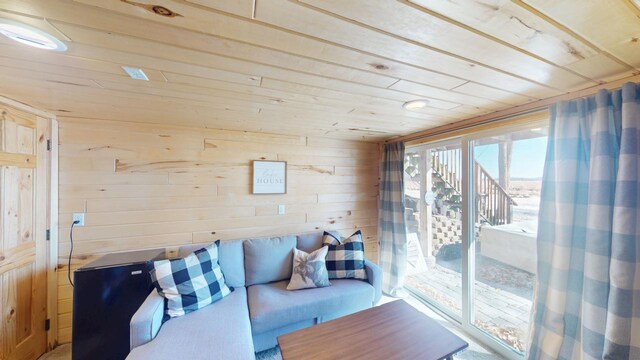 living area with wooden walls and wooden ceiling