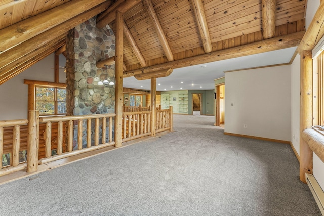 interior space with carpet, baseboards, high vaulted ceiling, wood ceiling, and beamed ceiling