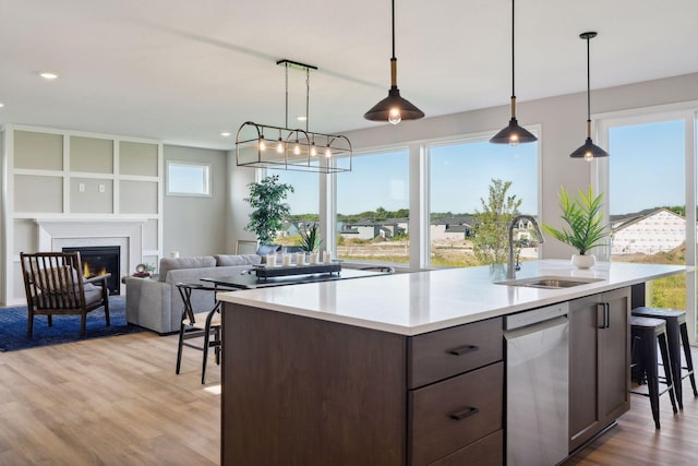 kitchen featuring a sink, light wood-type flooring, light countertops, stainless steel dishwasher, and a kitchen island with sink