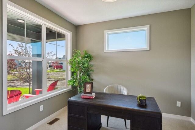 carpeted office with visible vents and baseboards