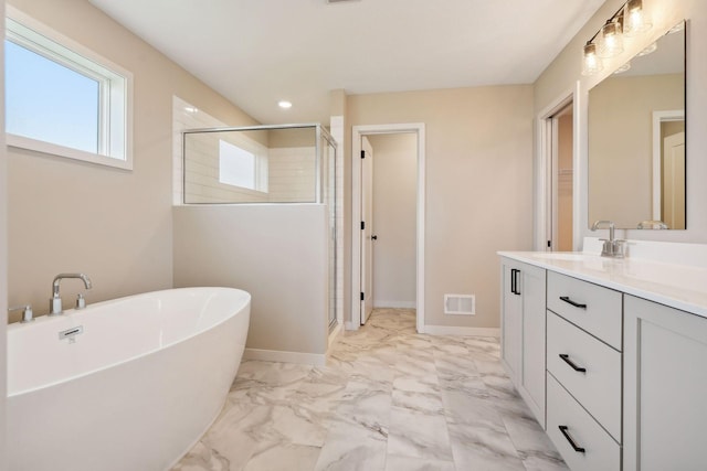 full bathroom with visible vents, marble finish floor, a stall shower, and baseboards