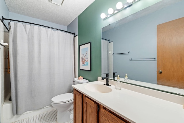 bathroom featuring toilet, vanity, tile patterned floors, shower / bath combination with curtain, and a textured ceiling