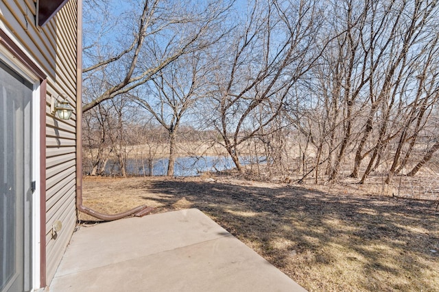 view of yard with a patio and a water view