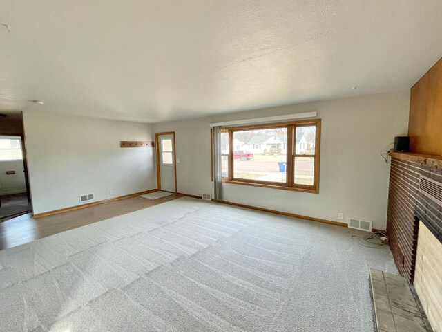421 Van Dusen St, Springfield, MN 56087 - unfurnished living room featuring a fireplace, light colored carpet, and plenty of natural light