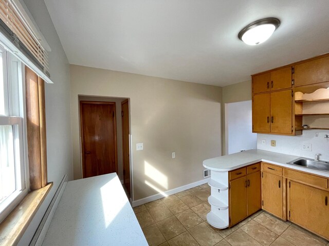 421 Van Dusen St, Springfield, MN 56087 - kitchen with open shelves, a sink, light countertops, a peninsula, and healthy amount of natural light