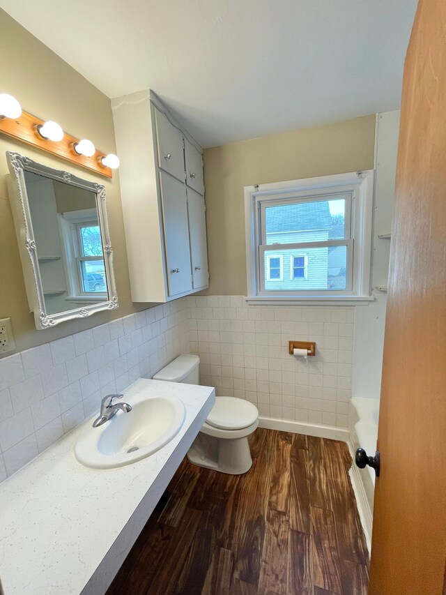 421 Van Dusen St, Springfield, MN 56087 - full bathroom with toilet, tile walls, wood finished floors, a tub, and vanity