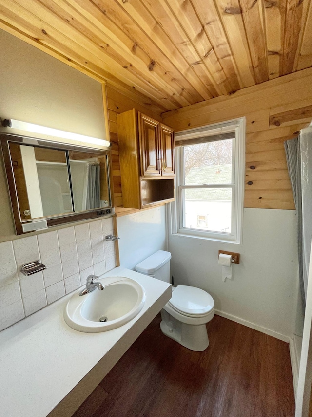 421 Van Dusen St, Springfield, MN 56087 - bathroom with toilet, wood ceiling, tasteful backsplash, wood finished floors, and vanity