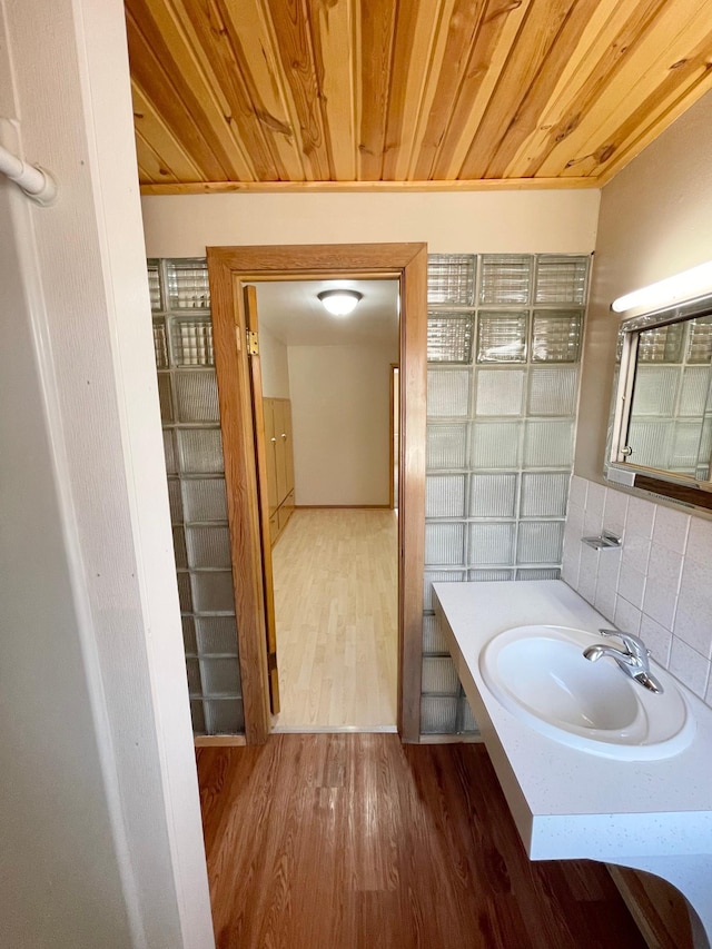421 Van Dusen St, Springfield, MN 56087 - bathroom featuring a sink, wood finished floors, backsplash, and wooden ceiling