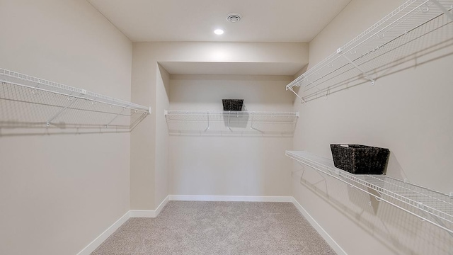 walk in closet featuring carpet flooring