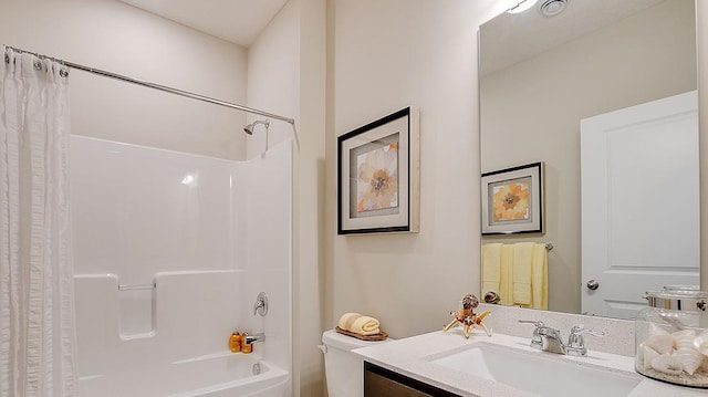 full bathroom featuring vanity and shower / bath combination with curtain