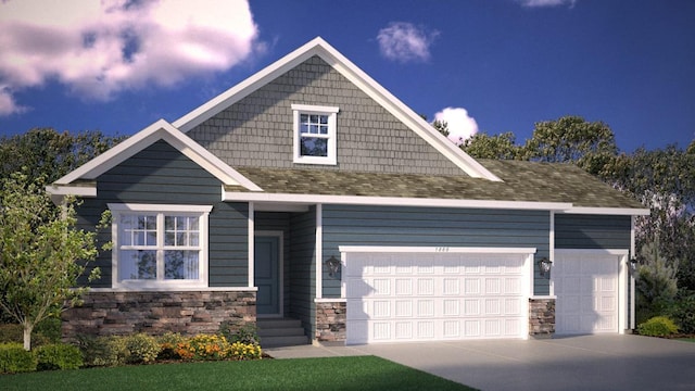 craftsman house featuring stone siding, an attached garage, and concrete driveway