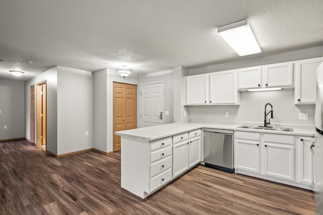 kitchen with dark wood-type flooring, a peninsula, stainless steel dishwasher, white cabinetry, and a sink