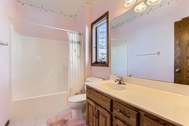 bathroom featuring tile patterned flooring, toilet, vanity, and shower / bathtub combination with curtain