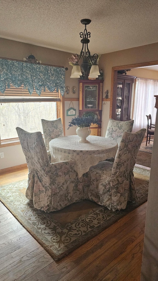 dining room with plenty of natural light, wood finished floors, and a textured ceiling