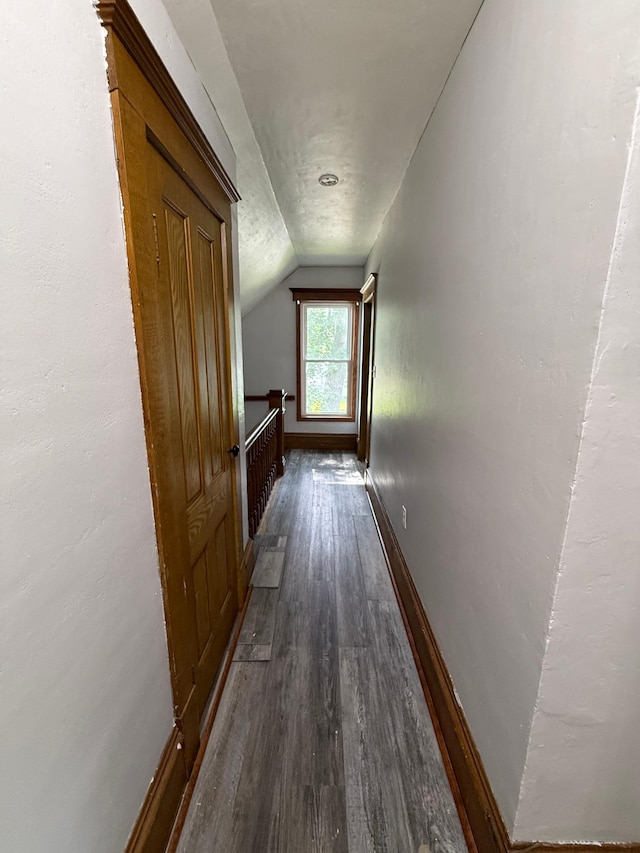 902 Pacific Ave, Kerkhoven, MN 56252 - corridor featuring an upstairs landing, dark wood-style flooring, and lofted ceiling